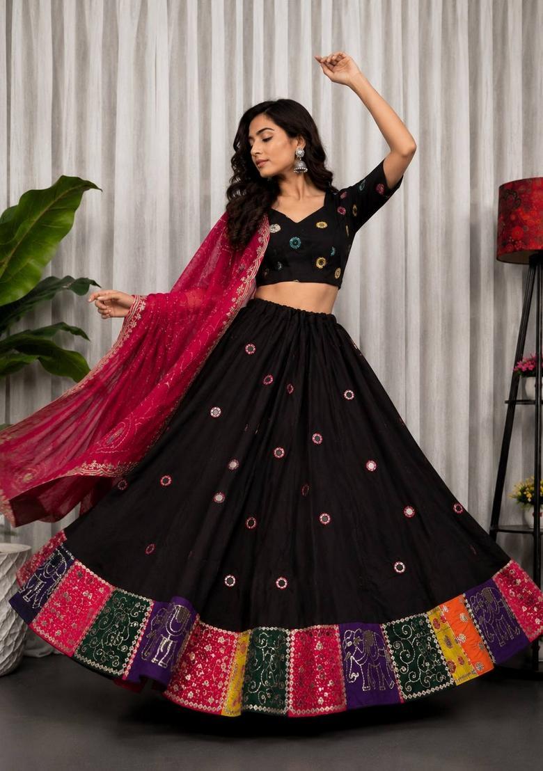 Black Embroidered Silk Lehenga Set - Indya