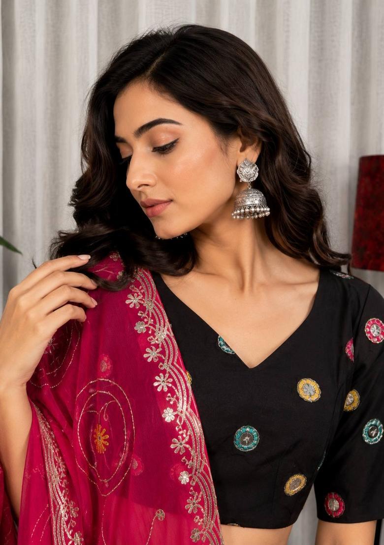 Black Embroidered Silk Lehenga Set - Indya