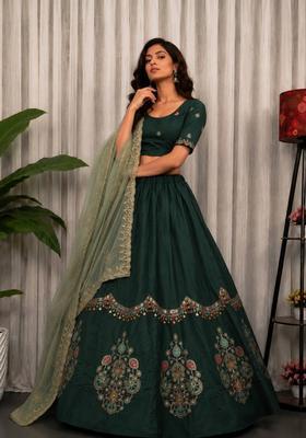 Green Embroidered Silk Lehenga Set