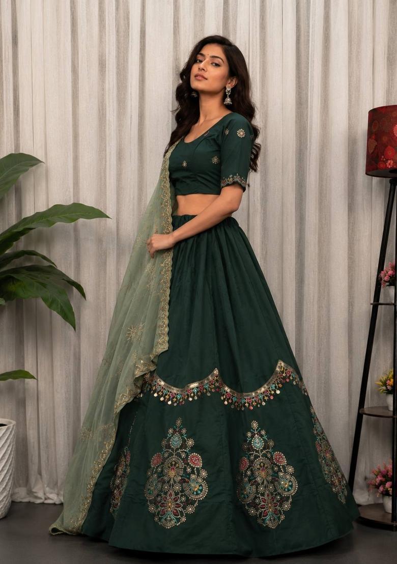Green Embroidered Silk Lehenga Set - Indya