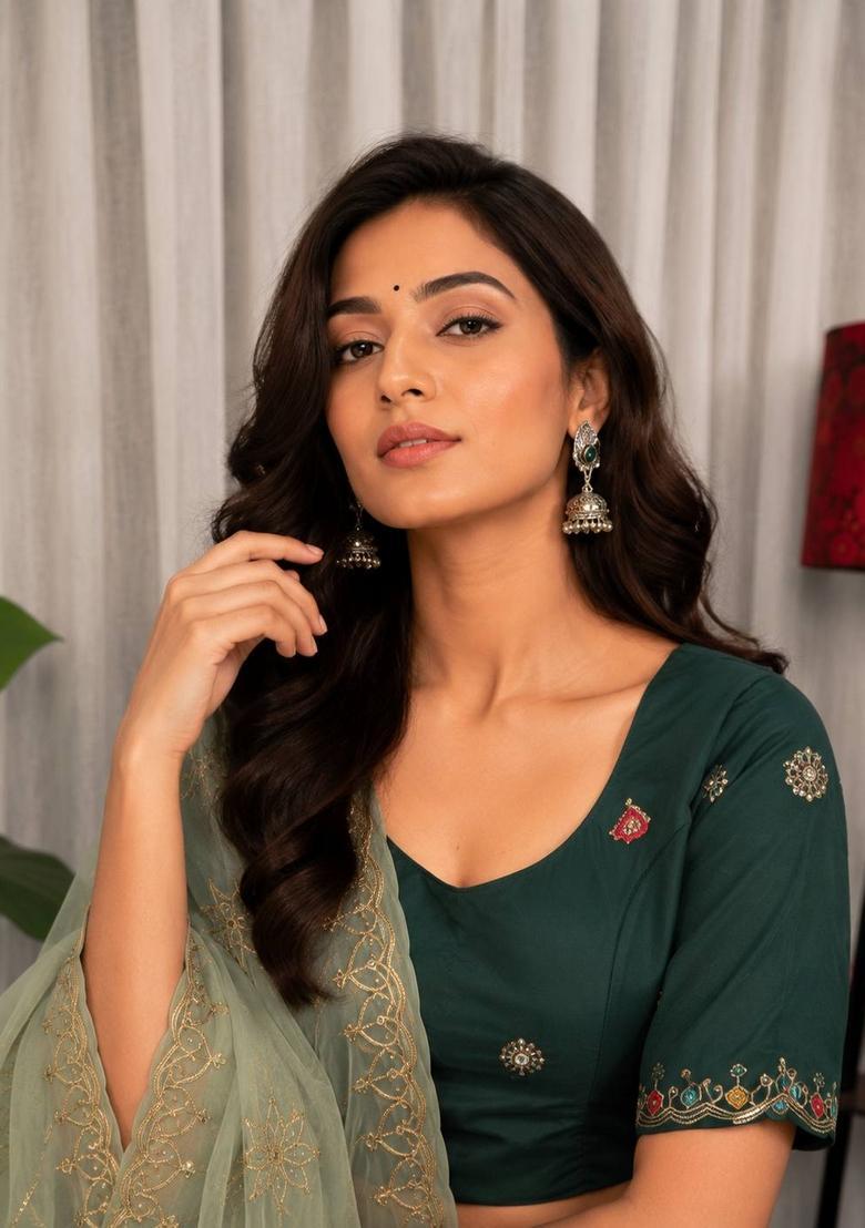 Green Embroidered Silk Lehenga Set - Indya