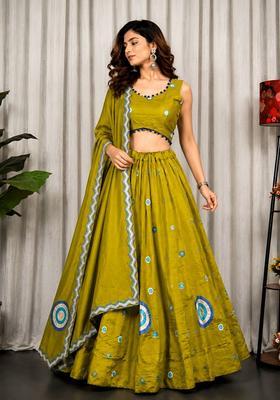 Olive Green Embroidered Silk Lehenga Set