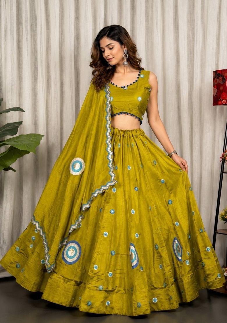 Olive Green Embroidered Silk Lehenga Set - Indya