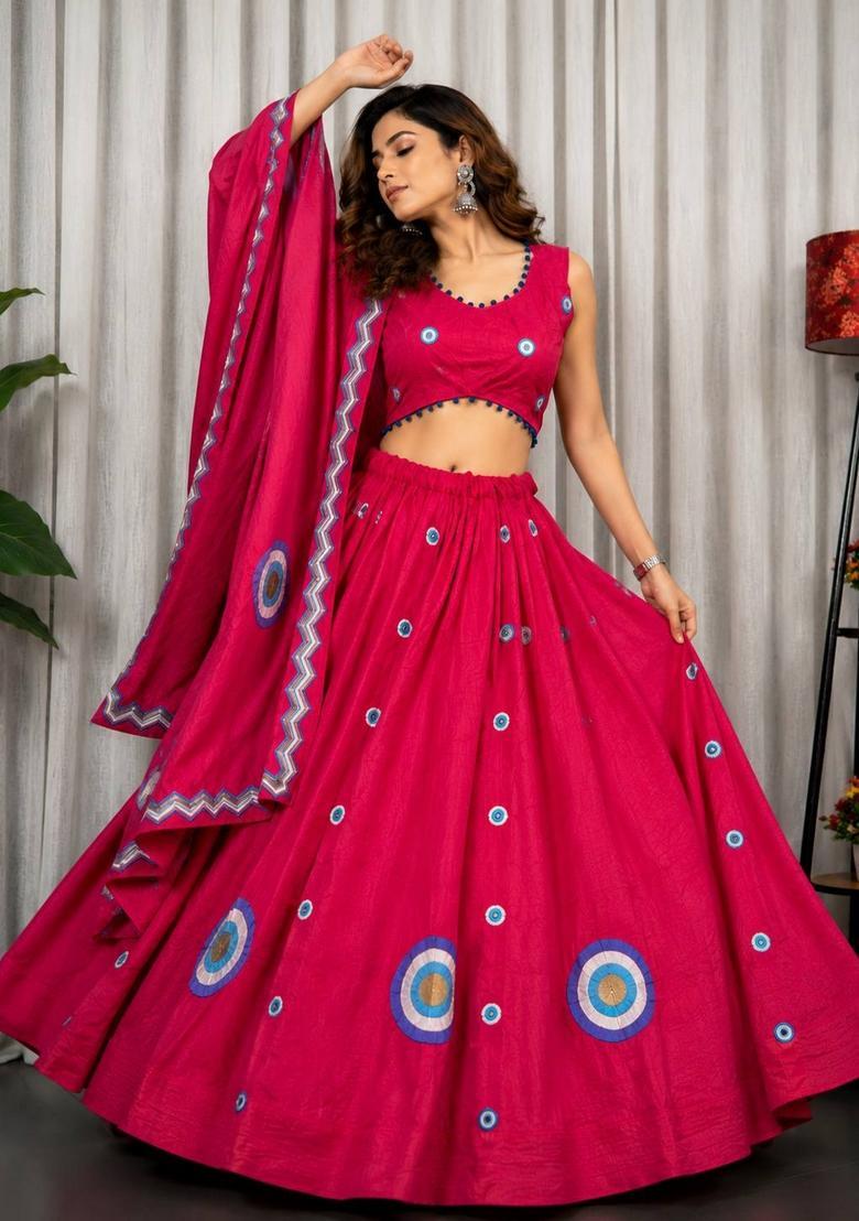 Pink Embroidered Silk Lehenga Set - Indya