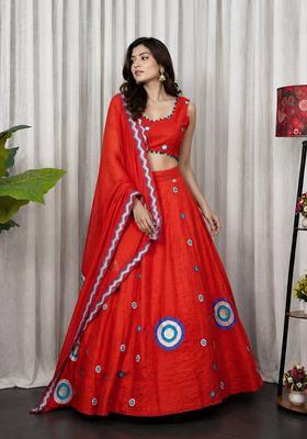 Rust Orange Embroidered Silk Lehenga Set