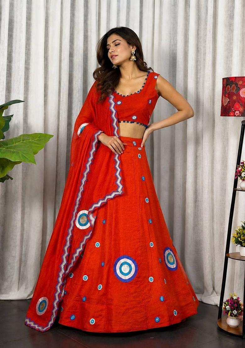 Rust Orange Embroidered Silk Lehenga Set - Indya