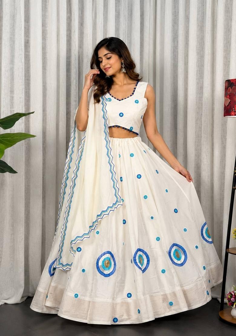 White Embroidered Silk Lehenga Set - Indya
