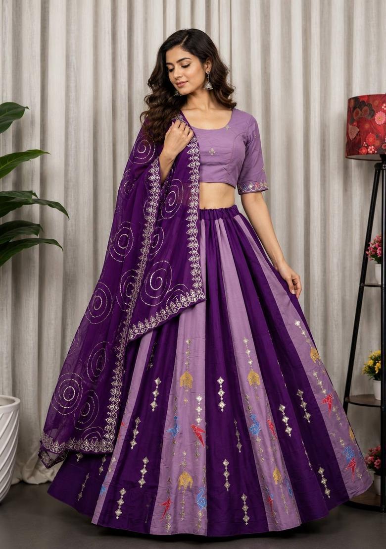 Purple Embroidered Silk Lehenga Set - Indya