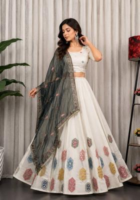White Embroidered Silk Lehenga Set