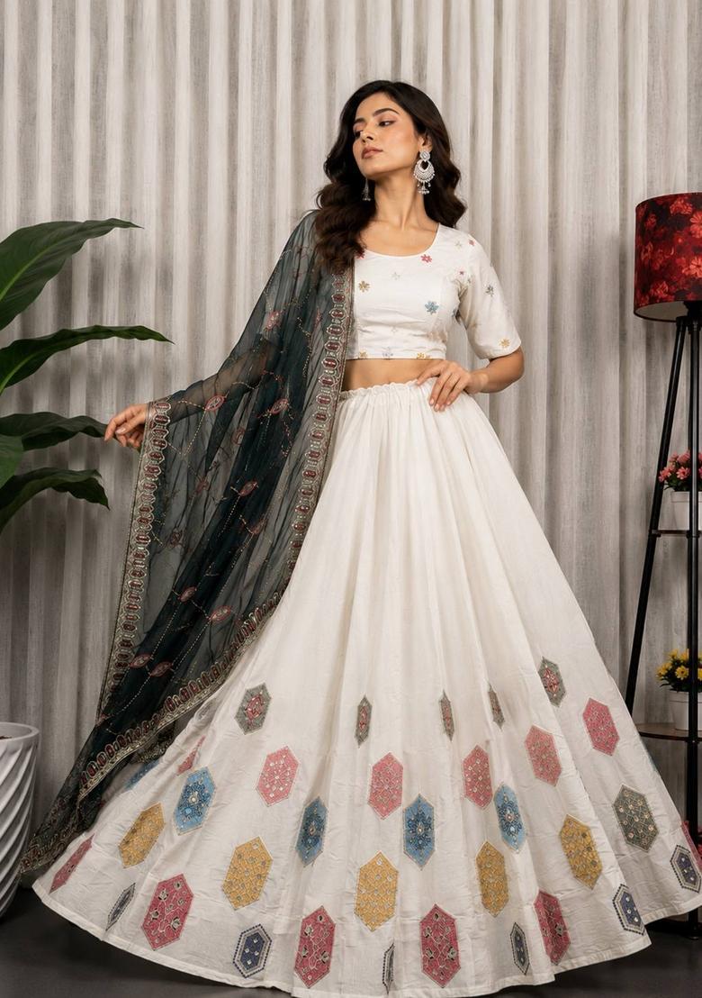 White Embroidered Silk Lehenga Set - Indya