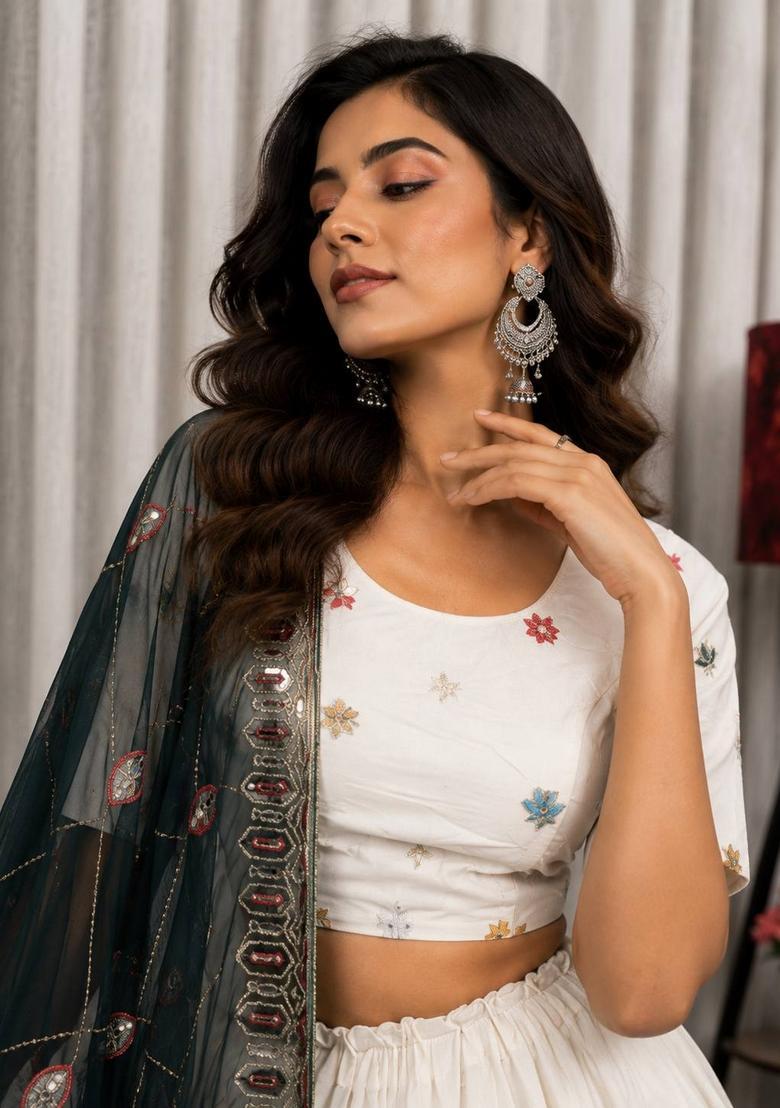 White Embroidered Silk Lehenga Set - Indya