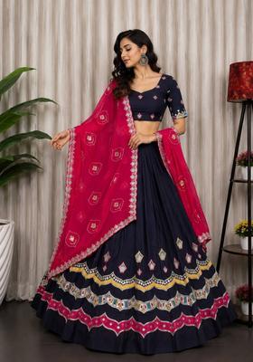Navy Blue Embroidered Silk Lehenga Set