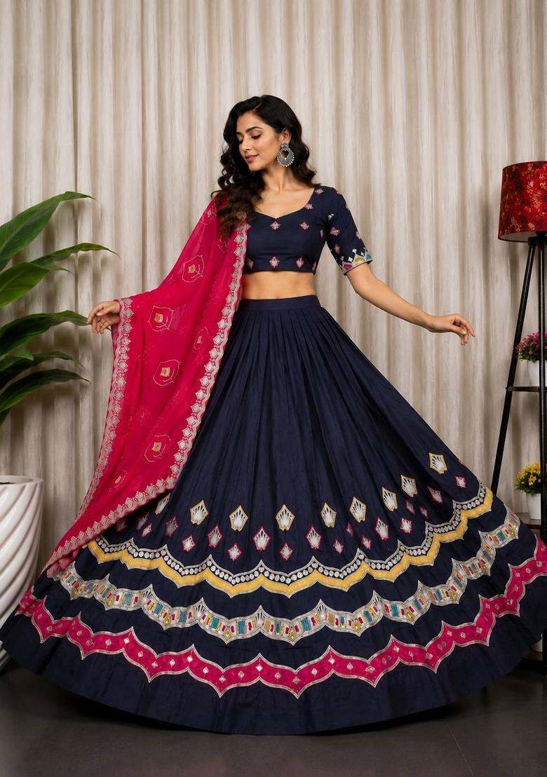 Navy Blue Embroidered Silk Lehenga Set - Indya