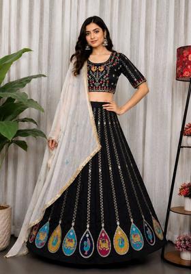 Black Embroidered Silk Lehenga Set