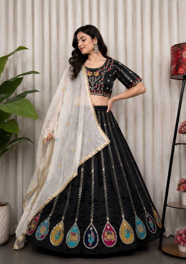 Black Embroidered Silk Lehenga Set - Indya