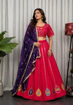 Rani Pink Embroidered Silk Lehenga Set