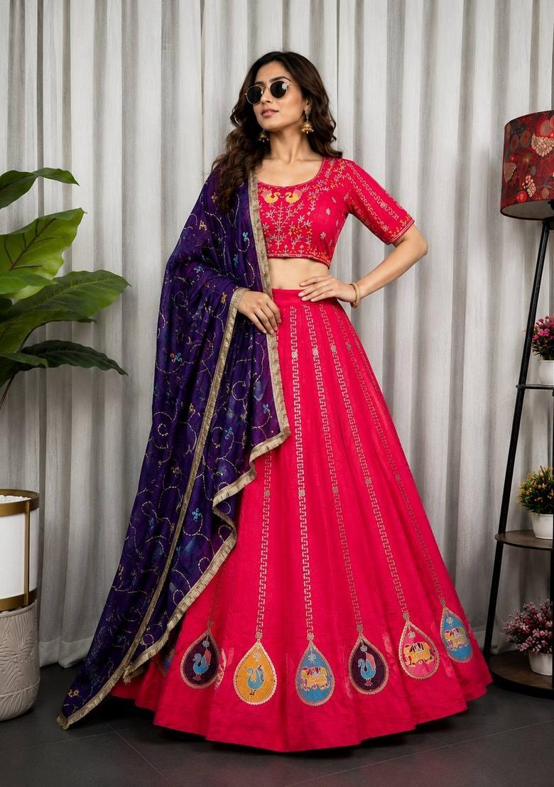 Rani Pink Embroidered Silk Lehenga Set - Indya