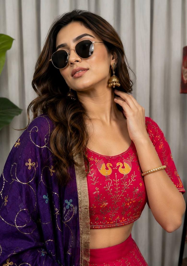 Rani Pink Embroidered Silk Lehenga Set - Indya