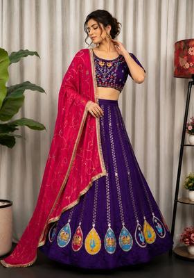 Violet Embroidered Silk Lehenga Set