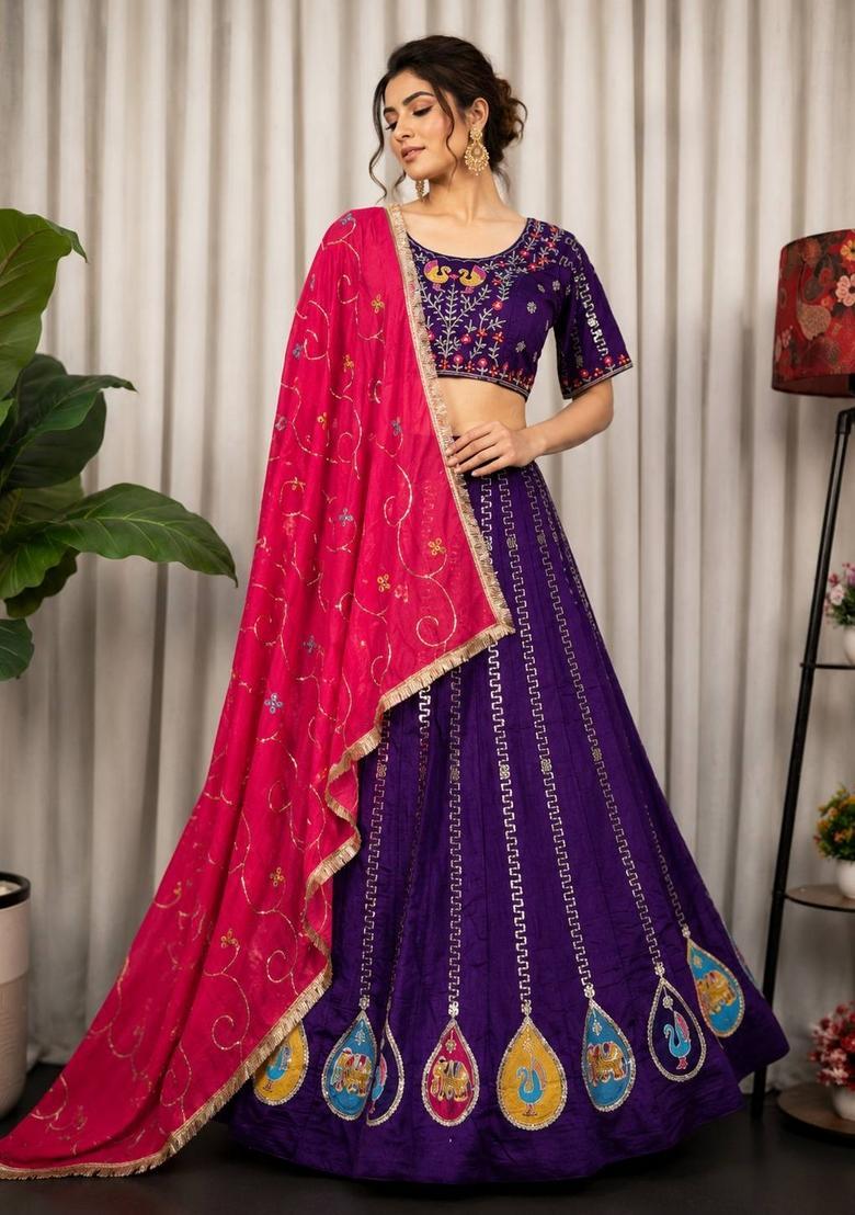 Violet Embroidered Silk Lehenga Set - Indya