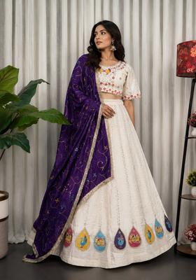White Embroidered Silk Lehenga Set