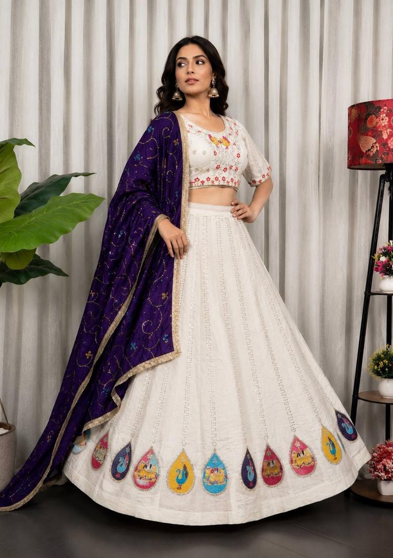 White Embroidered Silk Lehenga Set - Indya