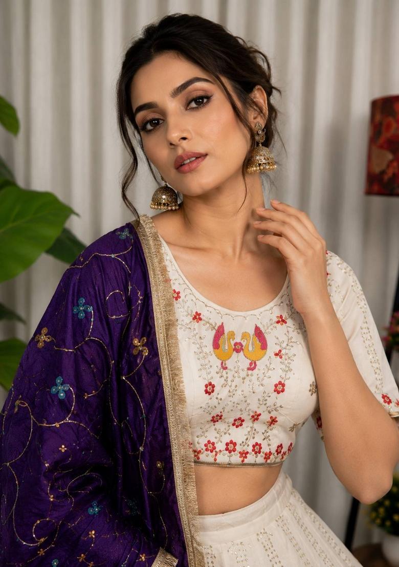 White Embroidered Silk Lehenga Set - Indya