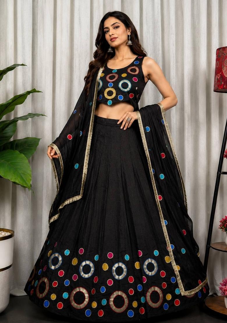 Black Embroidered Silk Lehenga Set - Indya