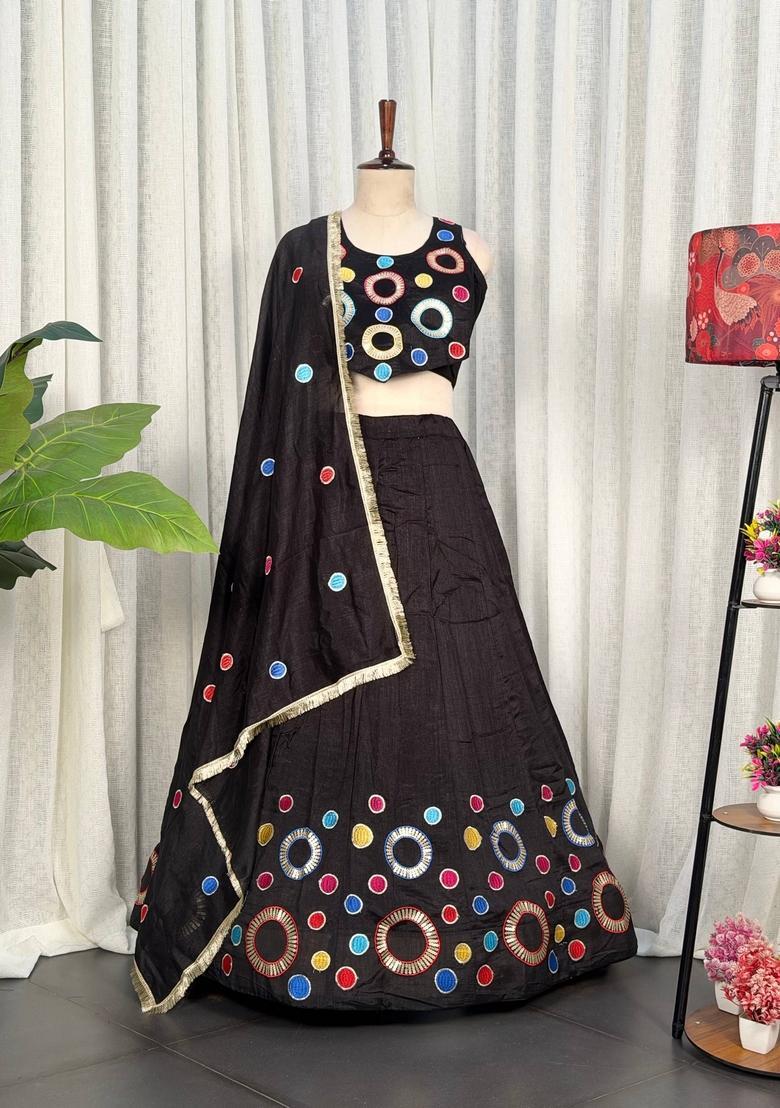 Black Embroidered Silk Lehenga Set - Indya
