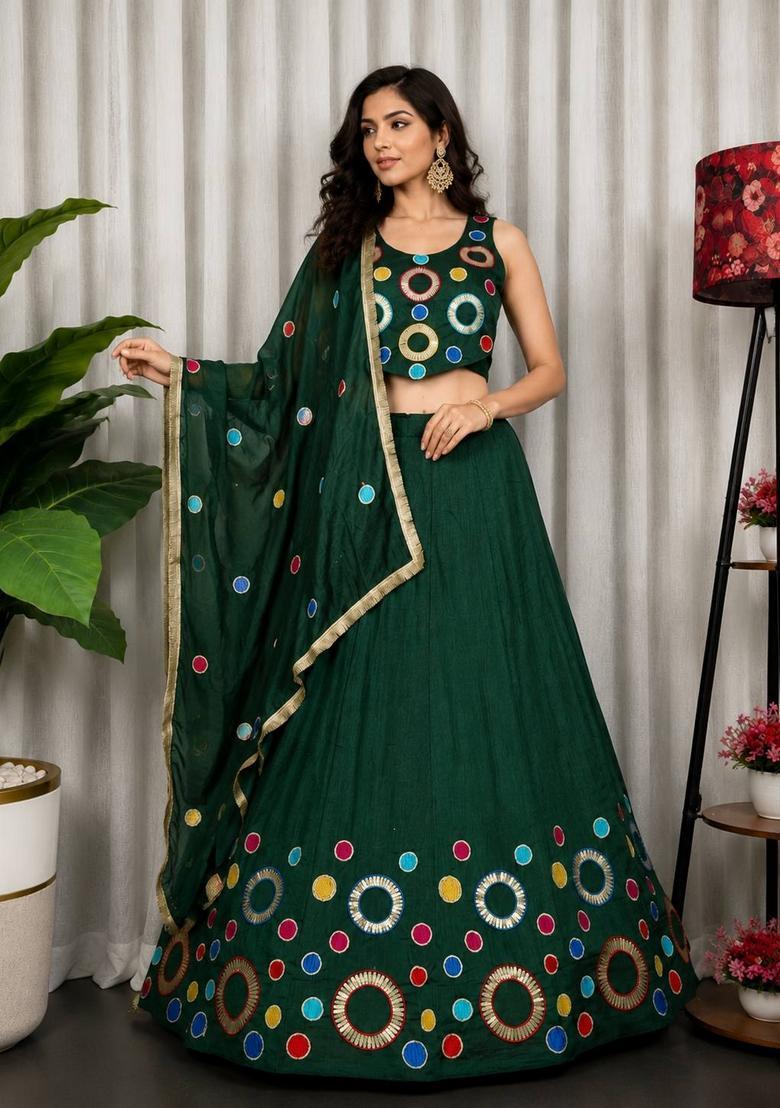 Green Embroidered Silk Lehenga Set - Indya