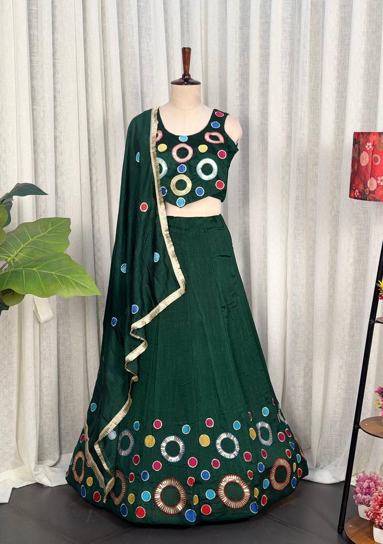 Green Embroidered Silk Lehenga Set - Indya