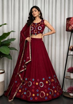 Maroon Embroidered Silk Lehenga Set
