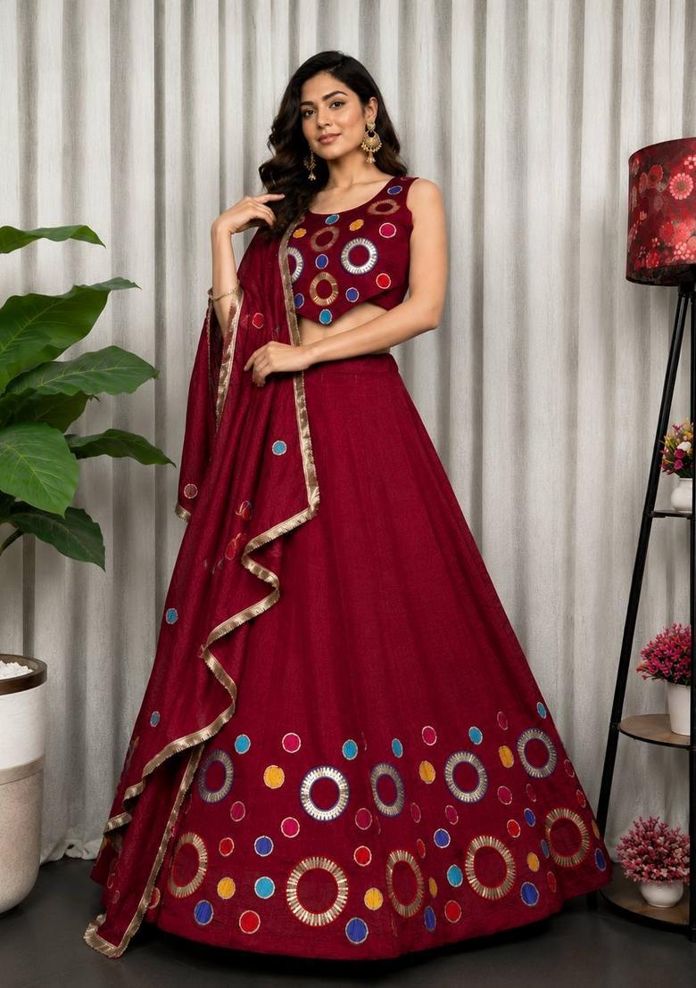 Maroon Embroidered Silk Lehenga Set - Indya