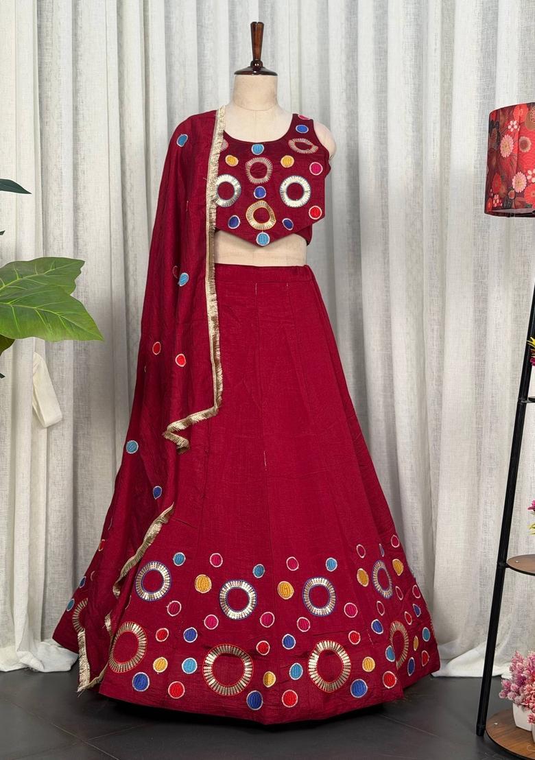 Maroon Embroidered Silk Lehenga Set - Indya