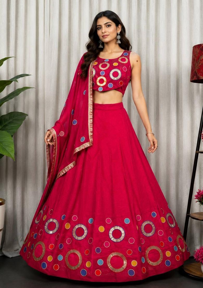 Rani Pink Embroidered Silk Lehenga Set - Indya