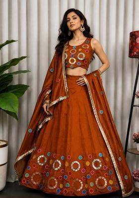Rust Orange Embroidered Silk Lehenga Set