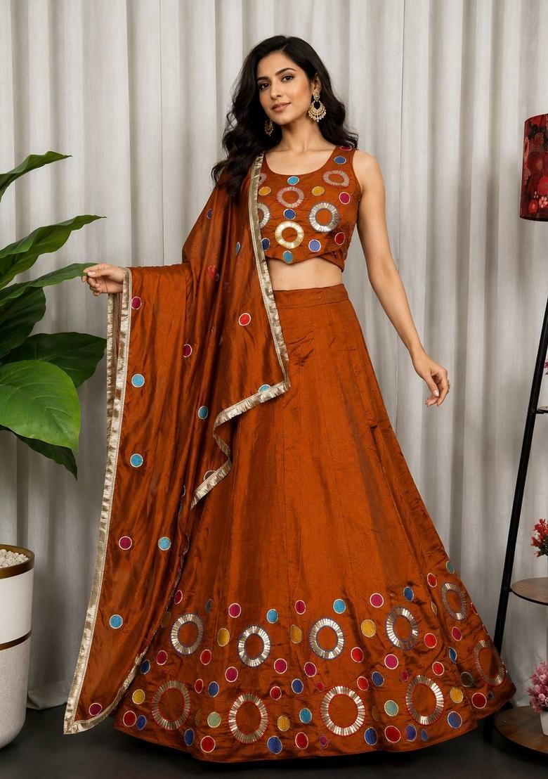 Rust Orange Embroidered Silk Lehenga Set - Indya