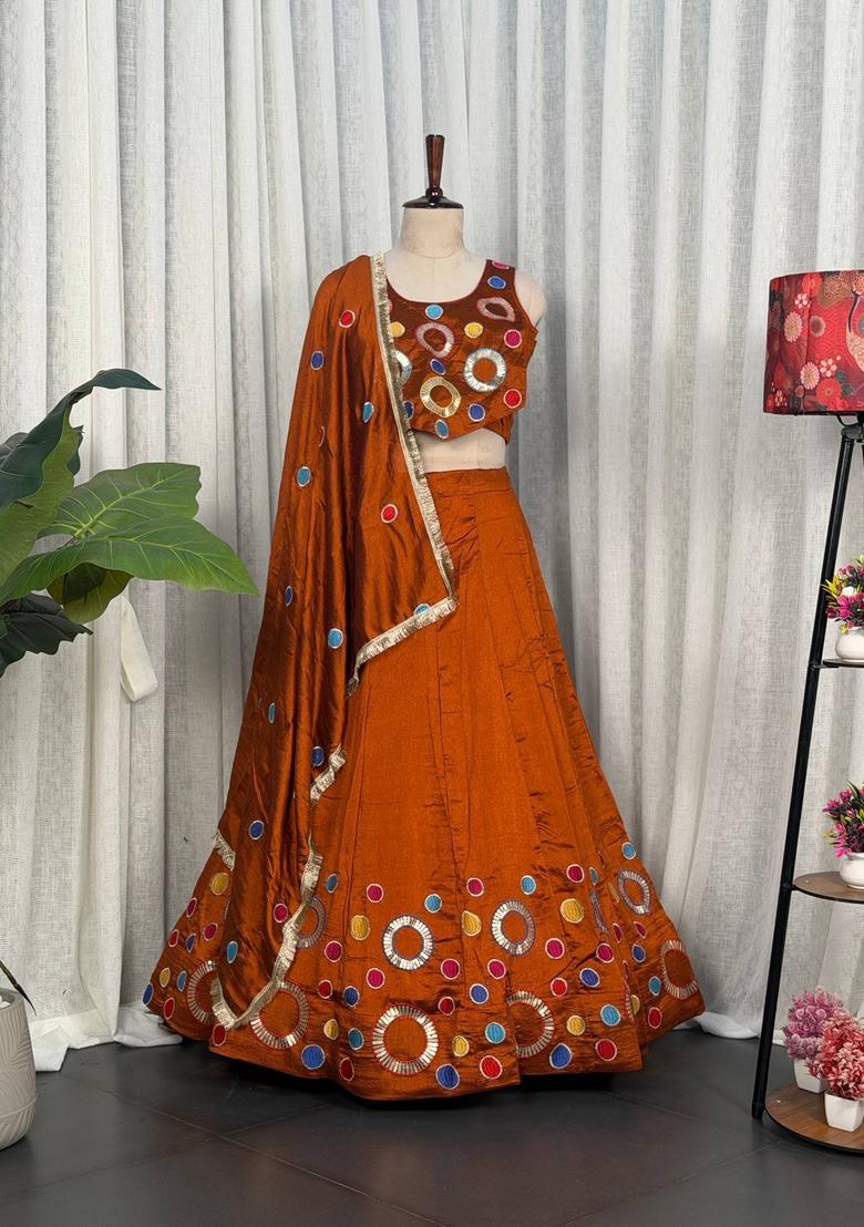 Rust Orange Embroidered Silk Lehenga Set - Indya