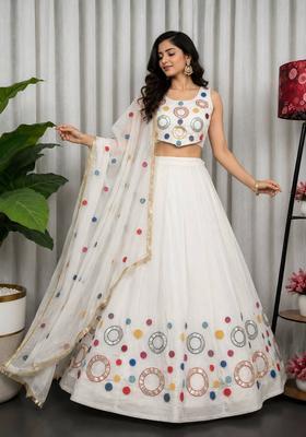 White Embroidered Silk Lehenga Set