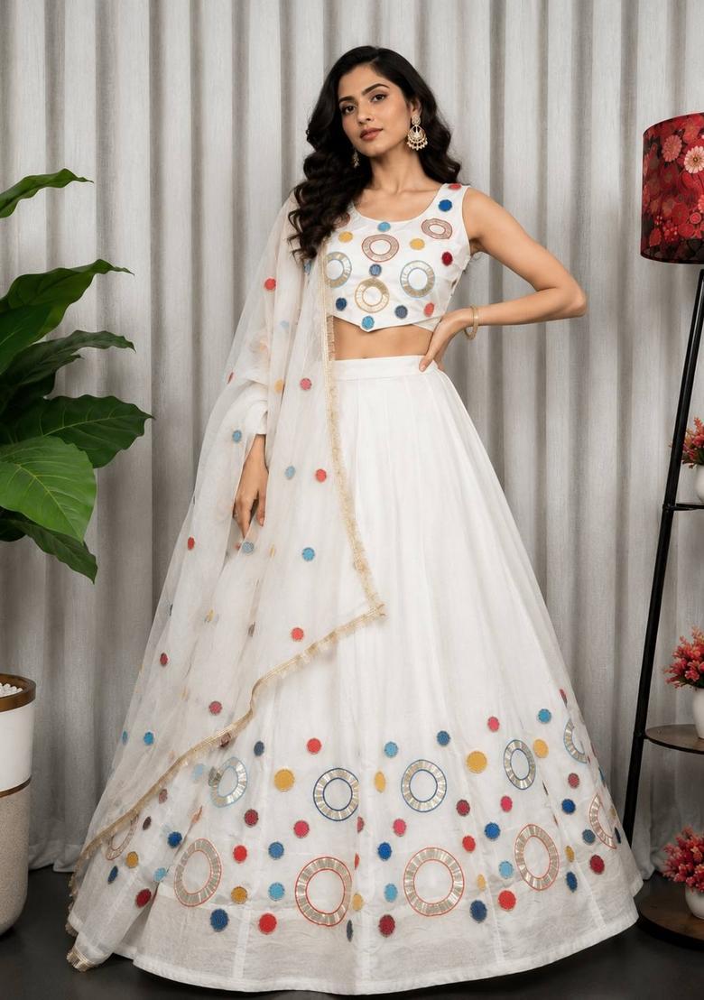 White Embroidered Silk Lehenga Set - Indya