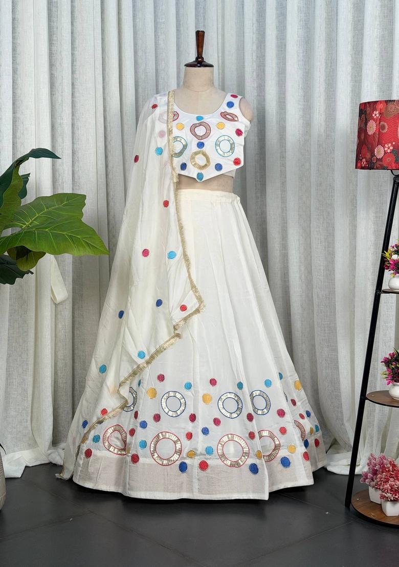 White Embroidered Silk Lehenga Set - Indya