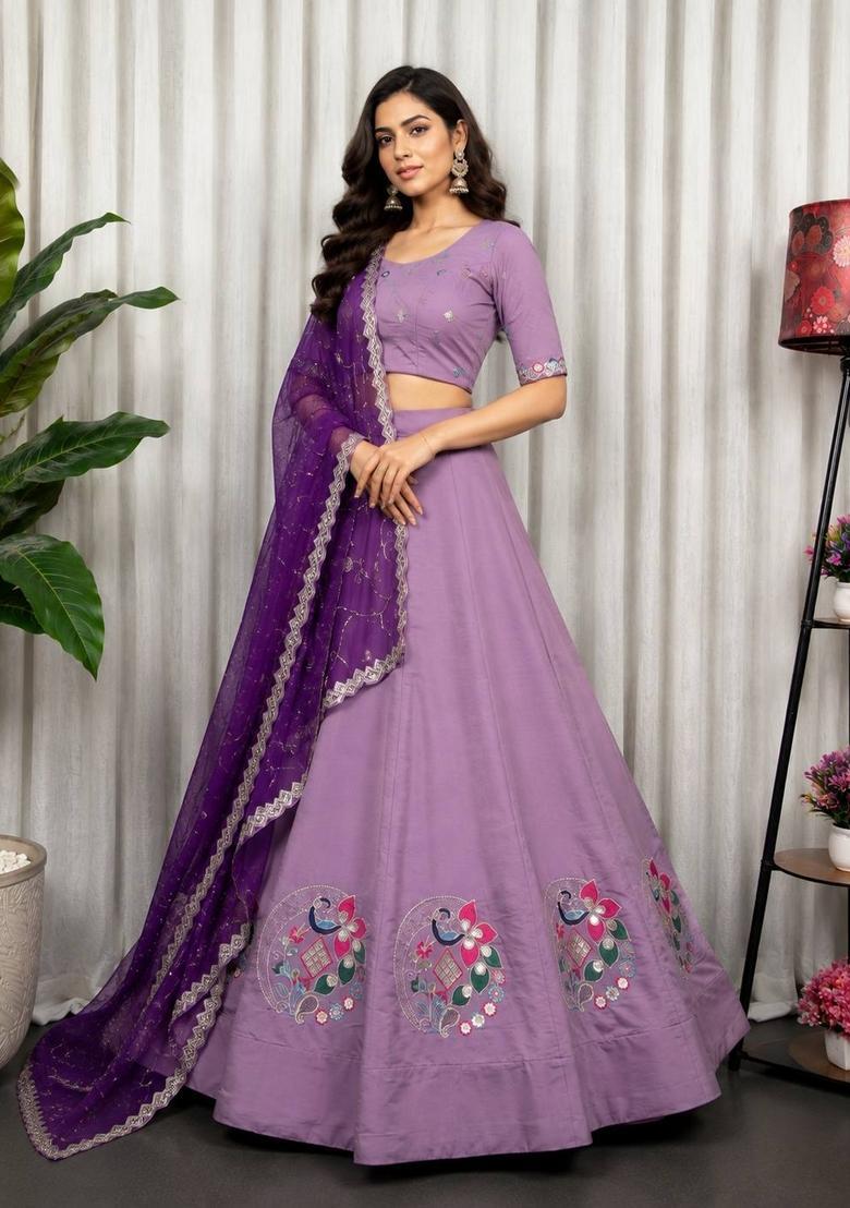 Purple Embroidered Silk Lehenga Set - Indya