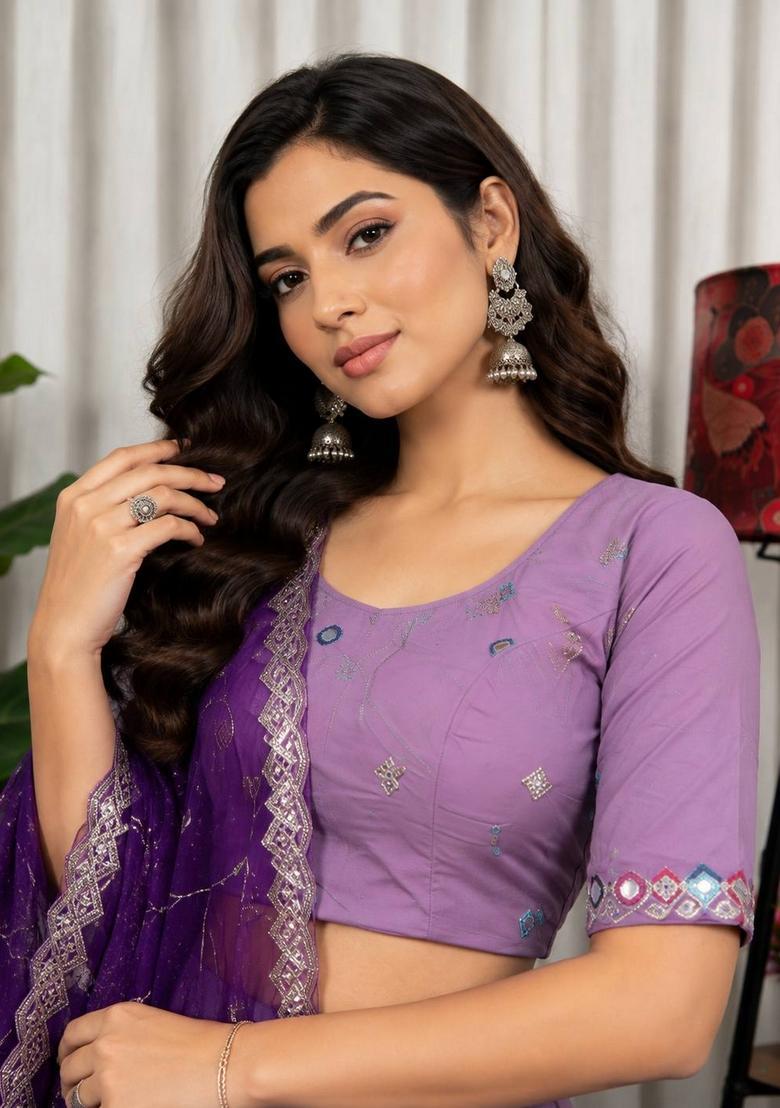 Purple Embroidered Silk Lehenga Set - Indya