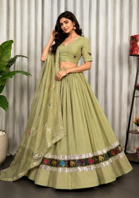 Pista Green Embroidered Silk Lehenga Set