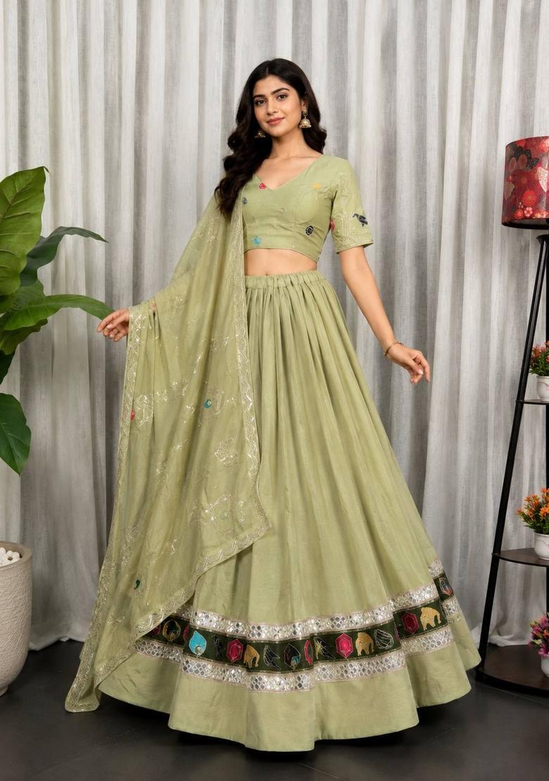 Pista Green Embroidered Silk Lehenga Set - Indya