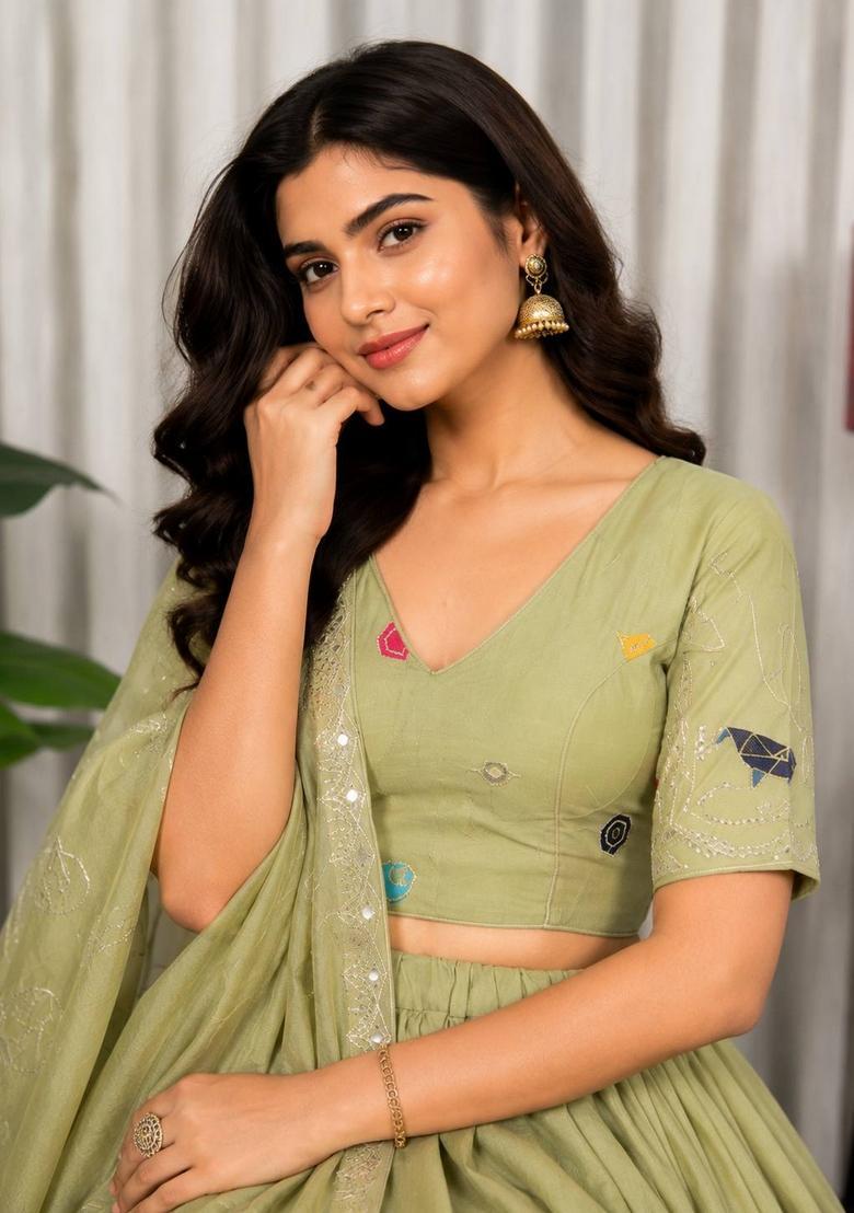 Pista Green Embroidered Silk Lehenga Set - Indya