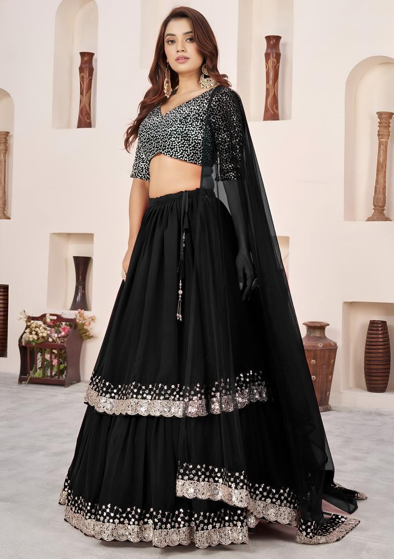 Black Embroidered Georgette Lehenga Set - Indya