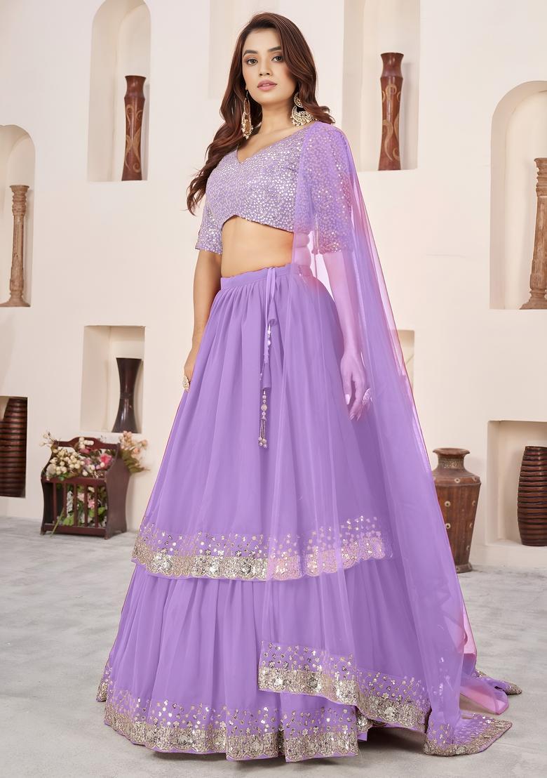 Lavender Embroidered Georgette Lehenga Set - Indya