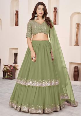 Olive Embroidered Georgette Lehenga Set