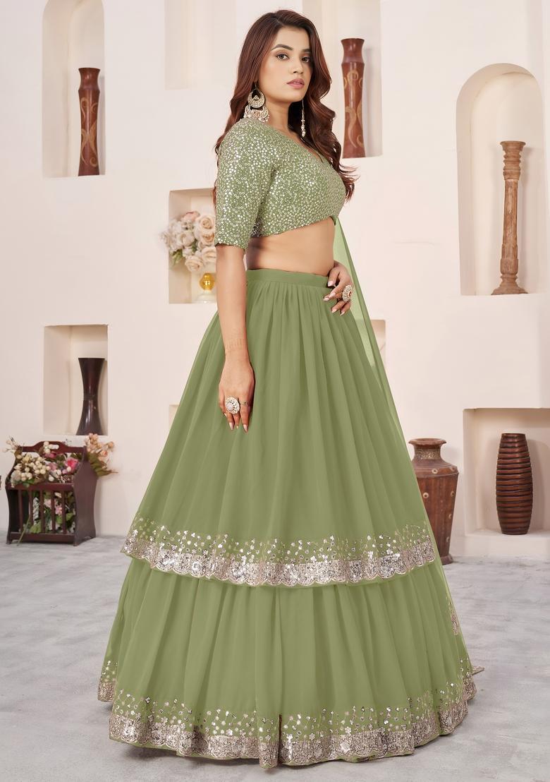 Olive Embroidered Georgette Lehenga Set - Indya